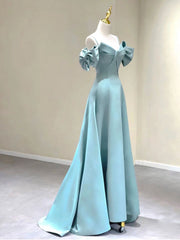 Homecoming Dresses 2025, A-Line V Neck Satin Blue Long Prom Dress, Blue Formal Evening Dresses