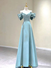 Homecoming Dress Idea, A-Line V Neck Satin Blue Long Prom Dress, Blue Formal Evening Dresses