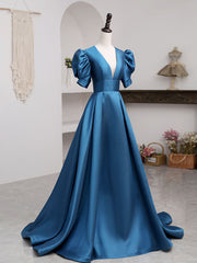 Prom Dresses With Long Sleeves, A-Line V Neck Satin Long Prom Dresses, Blue Satin Long Evening Dress