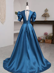 Prom Dress Casual, A-Line V Neck Satin Long Prom Dresses, Blue Satin Long Evening Dress