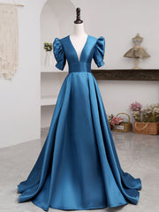 Prom Dress With Long Sleeves, A-Line V Neck Satin Long Prom Dresses, Blue Satin Long Evening Dress