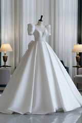 Wedding Dresses 2021, A-Line V-Neck Satin Wedding Dress, White Short Sleeve Bridal Gown with Bow