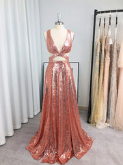 Prom, A-line V-neck Sequin Floor-Length Sequins Dress