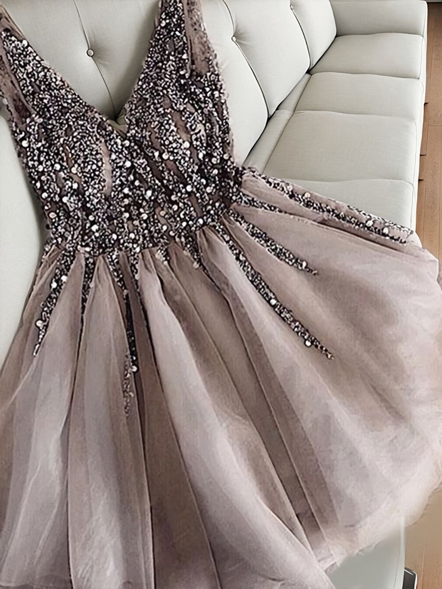 Bridesmaid Dresses Inspiration, A-line V-neck Sequin Short/Mini Tulle Dress