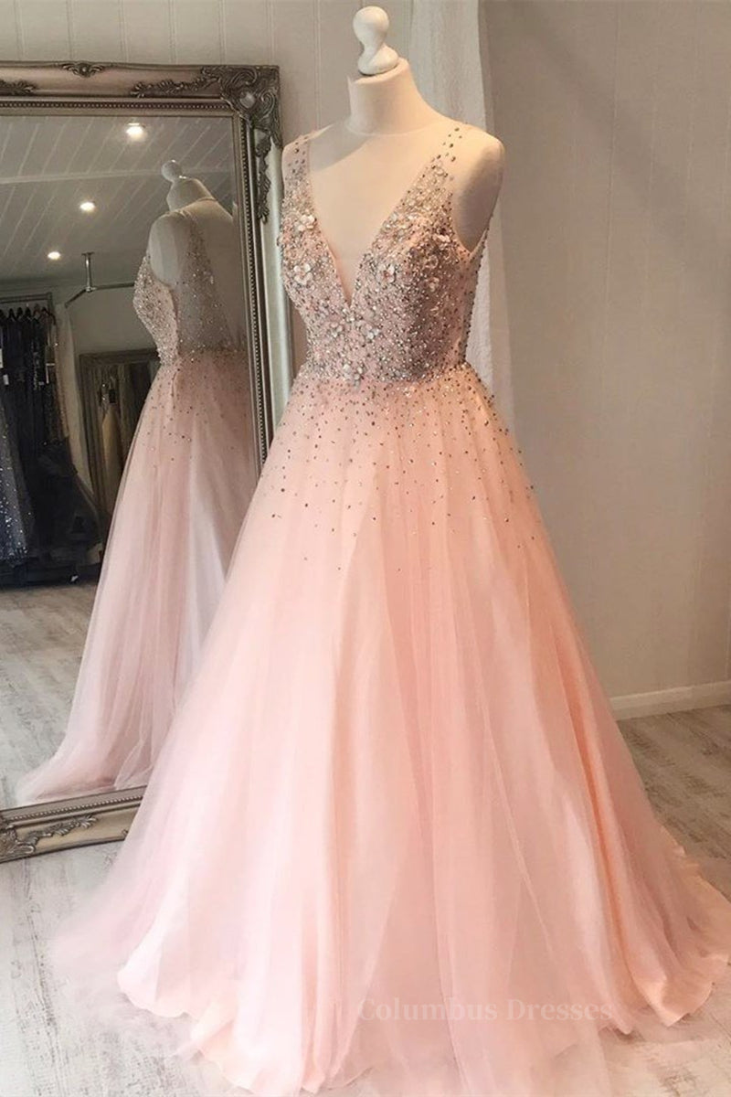 Wedding Guest Outfit, A Line V Neck Sequins Pink Long Prom Dress, Pink Formal Graduation Evening Dress
