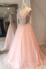Wedding Guest Outfit, A Line V Neck Sequins Pink Long Prom Dress, Pink Formal Graduation Evening Dress