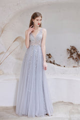Bridesmaid Dresses Spring, A Line V-neck Shiny Sequin Beaded Prom Dresses