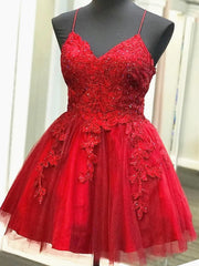 Prom Dresses Open Back, A Line V Neck Short Backless Red Lace Prom Dresses, Short Red Backless Lace Formal Homecoming Dresses