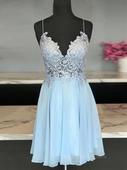 Evening Dresses Elegant Classy, A Line V Neck Short Blue Lace Prom Dresses, Short Blue Lace Formal Homecoming Dresses
