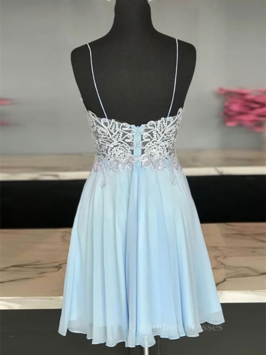 Evening Dress Elegant Classy, A Line V Neck Short Blue Lace Prom Dresses, Short Blue Lace Formal Homecoming Dresses