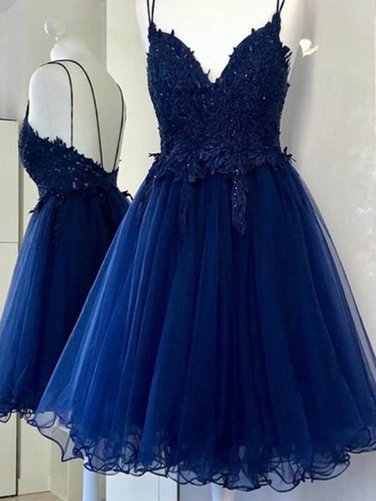 Prom Dresses Nearby, A Line V Neck Short Blue Prom Dresses, Short Blue Lace Graduation Homecoming Dresses