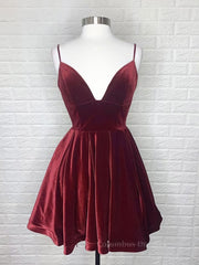 Formal Dress Long Gowns, A Line V Neck Short Burgundy Prom Dresses, Short Wine Red Formal Homecoming Dresses