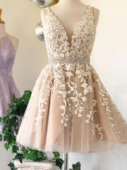 Wedding Dress With Corset, A Line V Neck Short Champagne Lace Wedding Dresses, Short Champagne Lace Formal Prom Dresses