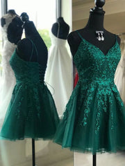 Prom Dress Different, A Line V Neck Short Dark Green Lace Prom Dresses, Dark Green Lace Formal Homecoming Dresses