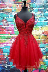 Evening Dress With Sleeves, A Line V Neck Short Dark Red Lace Prom Dresses, Short Dark Red Lace Formal Homecoming Dresses