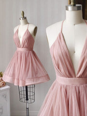 Party Dresses For 21 Year Olds, A Line V Neck Short Pink Prom Dresses, Short Pink V Neck Graduation Homecoming Dresses