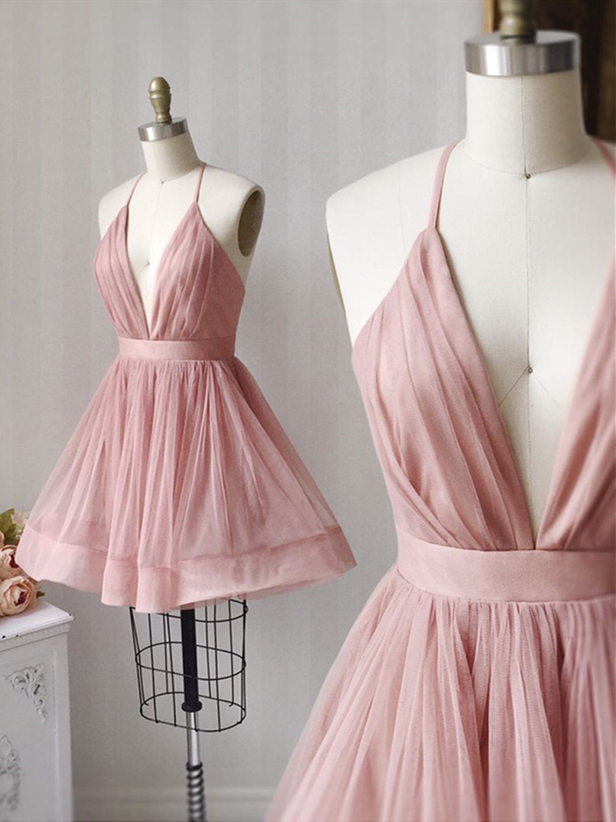Prom Dresses Long Elegant, A Line V Neck Short Pink Tulle Prom Dresses, Short Pink Tulle Formal Homecoming Dresses