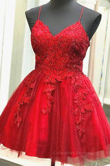 Bridesmaids Dress Designers, A Line V Neck Short Red Lace Prom Dresses, Short Red Lace Formal Homecoming Dresses