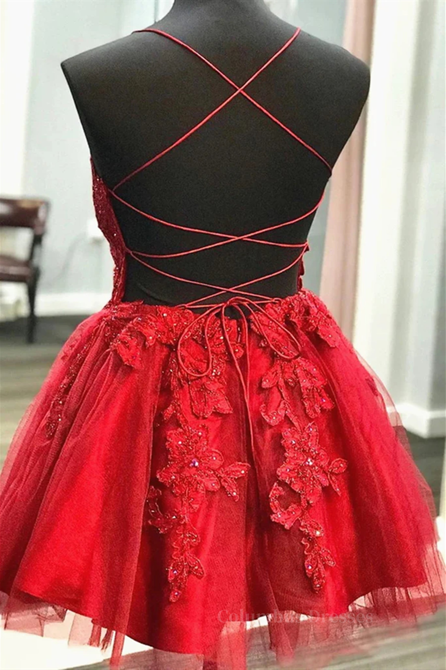 Bridesmaids Dress Designs, A Line V Neck Short Red Lace Prom Dresses, Short Red Lace Formal Homecoming Dresses