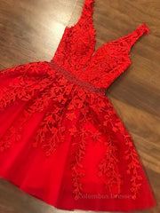 Formal Dress Shops, A Line V Neck Short Red Lace Prom Dresses, Short Red Lace Formal Homecoming Dresses