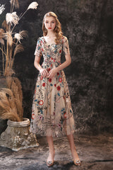 Bridesmaid Dress Modest, A Line V-Neck Short Sleeve Embroidery Tulle Tea Length Short Homecoming Dresses