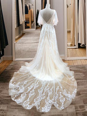 Wedding Dress With Lace, A-line V-neck Short Sleeves Appliques Lace Sweep Train Tulle Wedding Dress