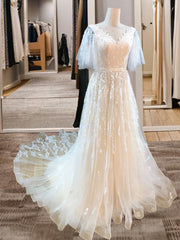 Wedding Dresses Fall, A-line V-neck Short Sleeves Appliques Lace Sweep Train Tulle Wedding Dress