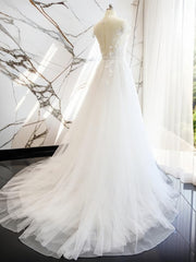 Wedding Dress For Big Bust, A-line V-neck Short Sleeves Hand-Made Flower Court Train Tulle Wedding Dress