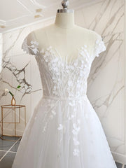 Wedding Dresses Shoes, A-line V-neck Short Sleeves Hand-Made Flower Court Train Tulle Wedding Dress