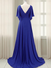 Prom Dress Curvy, A-line V-neck Short Sleeves Pleated Sweep Train Chiffon Mother of the Bride Dress