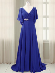 Prom Dresses Curvy, A-line V-neck Short Sleeves Pleated Sweep Train Chiffon Mother of the Bride Dress