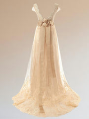 Wedding Dress Outlet Near Me, A-line V-neck Short Sleeves Sash/Ribbon/Belt Sweep Train Tulle Wedding Dress