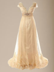 Wedding Dress Top, A-line V-neck Short Sleeves Sash/Ribbon/Belt Sweep Train Tulle Wedding Dress
