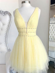 Evening Dresses Long Elegant, A Line V Neck Short Yellow Prom Dresses, Short V Neck Yellow Formal Homecoming Dresses