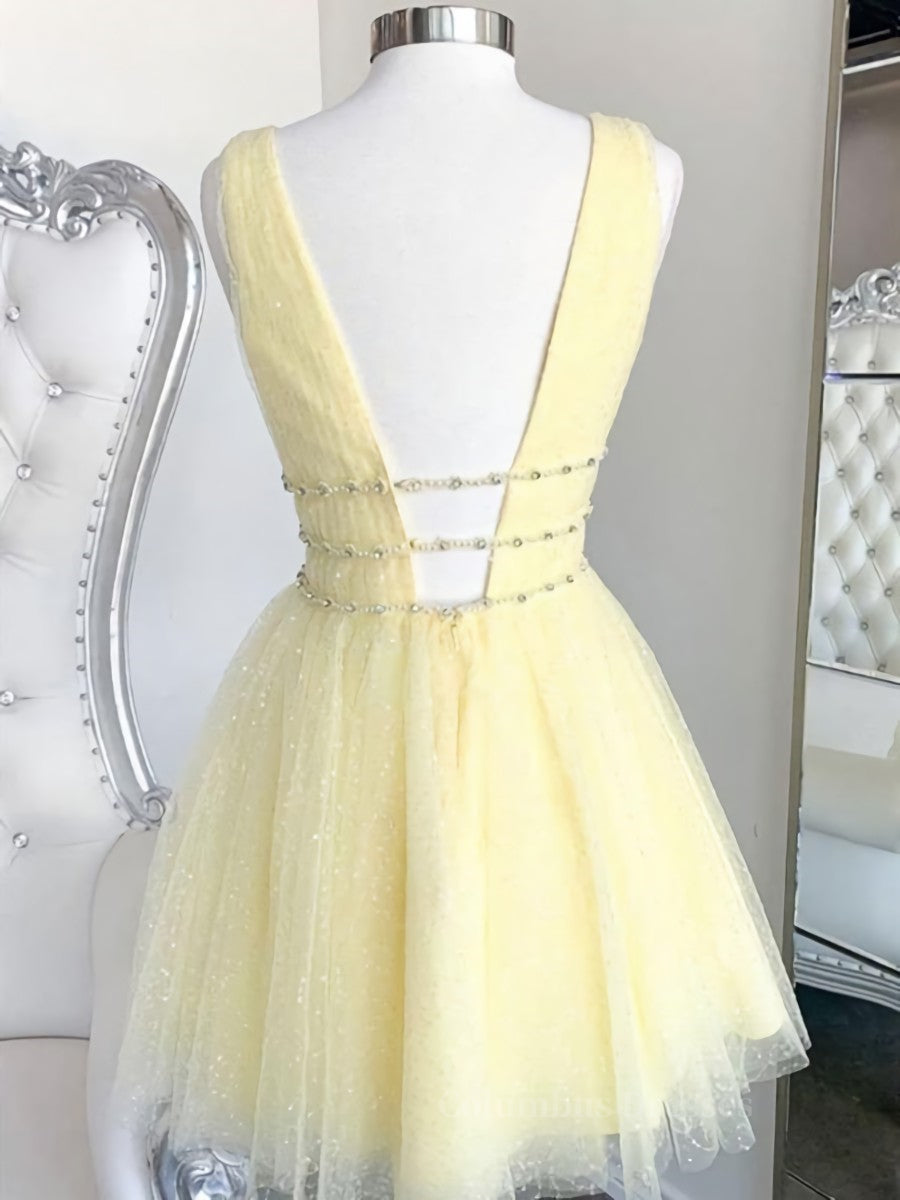 Evening Dress Classy, A Line V Neck Short Yellow Prom Dresses, Short V Neck Yellow Formal Homecoming Dresses