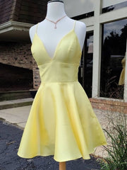 Party Dresses Black, A Line V Neck Short Yellow Prom Dresses, Short Yellow V Neck Graduation Homecoming Dresses