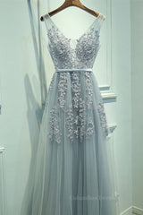 Bridesmaid Dress Chiffon, A Line V Neck Silver Gray Lace Prom Dresses, Grey Lace Formal Evening Dresses