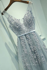 Bridesmaids Dresses Chiffon, A Line V Neck Silver Gray Lace Prom Dresses, Grey Lace Formal Evening Dresses