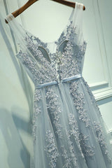 Bridesmaid Dress For Girls, A Line V Neck Silver Gray Lace Prom Dresses, Grey Lace Formal Evening Dresses