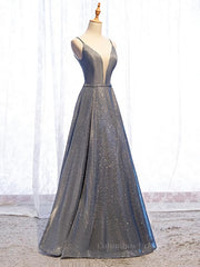 Evening Dresses 1952S, A Line V Neck Silver Gray Long Prom Dresses, Gray Long Formal Evening Dresses