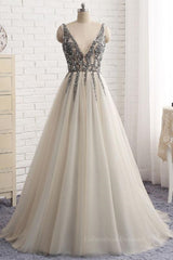 Party Dress Hair Style, A Line V Neck Silver Gray Long Prom Dresses, Silver Grey Beaded Long Formal Evening Dresses
