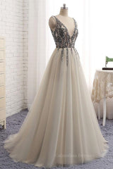 Party Dress Dress Up, A Line V Neck Silver Gray Long Prom Dresses, Silver Grey Beaded Long Formal Evening Dresses