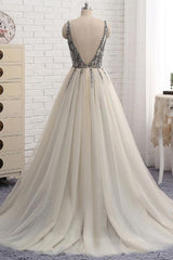 Party Dresses Store, A Line V Neck Silver Gray Long Prom Dresses, Silver Grey Beaded Long Formal Evening Dresses