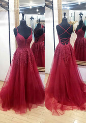 Party Dress For Christmas Party, A-line V Neck Sleeveless Chapel Train Tulle Prom Dress With Appliqued Lace