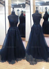 Party Dresses For Christmas Party, A-line V Neck Sleeveless Chapel Train Tulle Prom Dress With Appliqued Lace