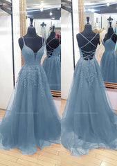 Party Dress Pink Dress, A-line V Neck Sleeveless Chapel Train Tulle Prom Dress With Appliqued Lace
