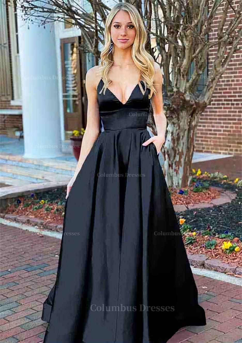 Prom Dresses 2048 Fashion Outfit, A-line V Neck Sleeveless Charmeuse Long/Floor-Length Prom Dress With Pockets