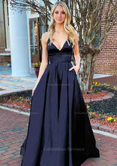 Prom Dress Cute, A-line V Neck Sleeveless Charmeuse Long/Floor-Length Prom Dress With Pockets
