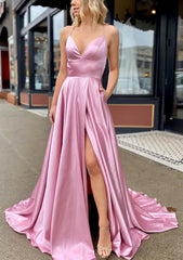 Evening Dresses Elegant Classy, A-line V Neck Sleeveless Charmeuse Sweep Train Prom Dress With Pockets