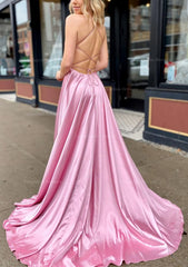 Evening Dress Elegant Classy, A-line V Neck Sleeveless Charmeuse Sweep Train Prom Dress With Pockets